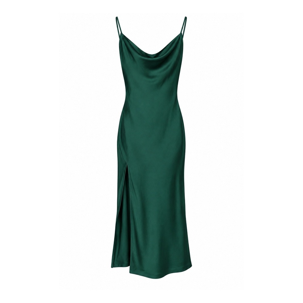 SHEIN Women XS Green Satin Cowl Neck Midi Slip Dress Lace Up Back Side Slit